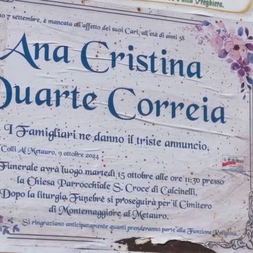 A COLLI AL METAURO L’ULTIMO SALUTO AD ANA CRISTINA, VITTIMA DI FEMMINICIDIO